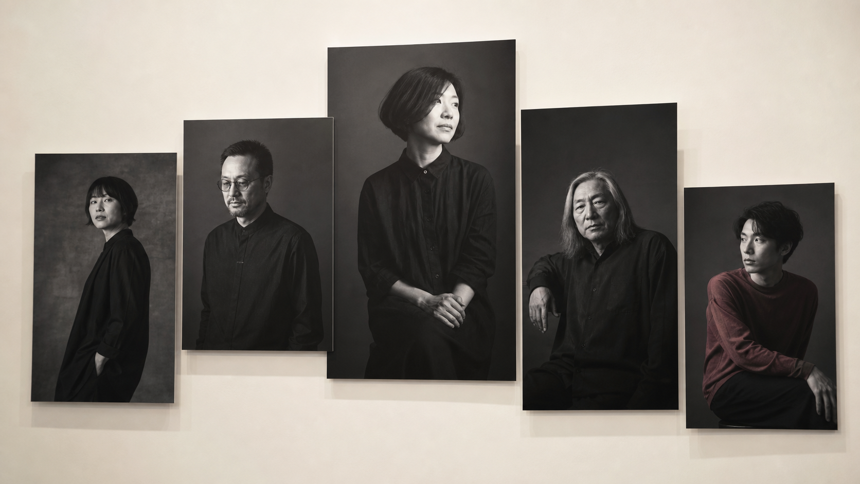 五位创作者肖像构成的浮动展墙